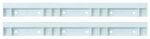 The Quantum Hang-N-Stack Bin Rail, set of 2, includes long white plastic mounting strips with evenly spaced screw holes and rectangular indentations for secure attachment to flat surfaces.