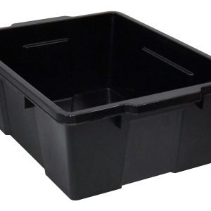 The Quantum Latch Container is a large, empty black polypropylene storage bin with textured surface and reinforced sides. It measures 21W x 15-7/8D x 7-3/4H, holds 50 lbs., has notched handles, a spacious interior for heavy-duty use, and is stackable. Made in USA (lid sold separately).
