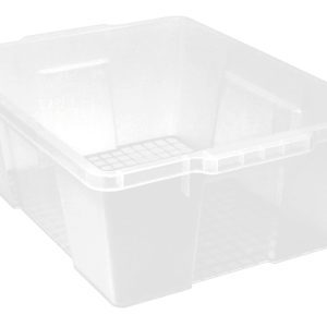 The Quantum Latch Container, made in the USA and measuring 21W x 15-7/8D x 7-3/4H, is stackable with a clear polypropylene build. It features reinforced corners and holds up to 50 lbs., ideal for organizing or storing various items. Note: Lid sold separately.