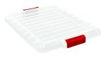 The Quantum Lid is a clear, rectangular plastic lid made of durable polypropylene, featuring unique red handles on opposite sides and a ribbed texture for added strength. It fits LC191507CL storage containers seamlessly and is made in the USA.