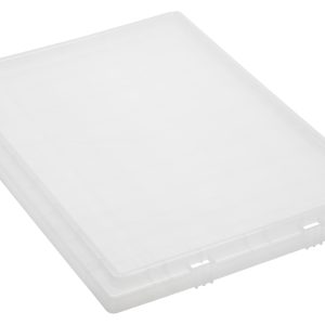 A clear, rectangular Quantum Tote Box Lid, compatible with SNT240, is shown from an angled top view on a plain white background. This transparent plastic container is ideal for flat item storage and appears empty. Made in the USA.