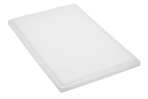A clear Quantum Tote Box Lid, compatible with SNT300 and made in the USA, featuring slightly raised edges, lies flat on a white background.