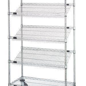 The Quantum Mobile Cart, measuring 36W x 18D x 63H, features a chrome-plated finish, includes (2) flat and (3) slanted wire shelves, four 63 posts and donut bumpers. It rolls smoothly on four 5 thermoplastic resin casters (two with brakes) for easy visibility and accessibility.