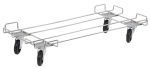 The Quantum Dolly Base, measuring 48W X 20D, features a chrome-plated finish and includes four black 5 swivel casters. Its thin metal bars create a sturdy rectangular platform that can effortlessly hold and transport items up to an 800 lb capacity.