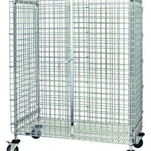 The Quantum Security Unit is a mobile, chrome-plated metal cage with square grid holes, featuring a door, top and bottom shelves, and mounted on four 5 poly stem casters for mobility (two with brakes). It stands against a plain white background. Dimensions: 36W X 18D X 69H.