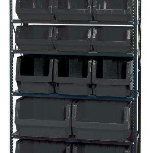 A Quantum Magnum Bin Steel Shelving unit, 42W x 18D x 75H, with seven shelves holds (4) QMS543 bins and (3) QMS533 bins, all dark gray.