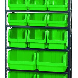 This Quantum Magnum Bin Steel Shelving, measuring 42W x 18D x 75H, features seven shelves with four QMS543 bins, three QMS533 bins, six bright green QMS532 bins, and three QMS531 bins. Each open-front bin ensures easy access while enhancing an organized and industrial look. Made in the USA.
