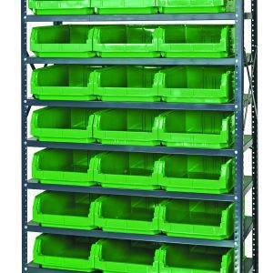 The Quantum Magnum Bin Steel Shelving measures 42W x 18D x 75H, includes 10 shelves and 27 QMS531 green bins (19-3/4L x 12-3/8W x 5-7/8H), is corrosion and rust-resistant, and is made in the USA.