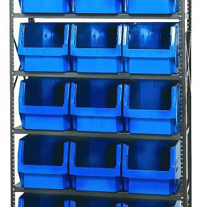 The Quantum Magnum Bin Steel Shelving measures 42W x 18D x 75H and includes six shelves with fifteen corrosion and rust-resistant blue bins. The unit is dark-colored and designed for easy access and organization. Made in the USA.
