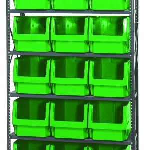 The Quantum Magnum Bin Steel Shelving, measuring 42W x 18D x 75H, features six corrosion-resistant shelves with fifteen bright green 19-3/4L x 12-3/8W x 11-7/8H bins (QMS533). The open-front design offers easy access, perfect for organized storage. Made in the USA.
