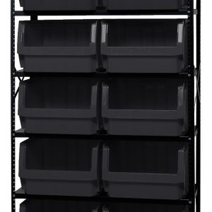 The Quantum Magnum Bin Steel Shelving measures 42W x 18D x 75H, featuring six corrosion and rust-resistant shelves made in the USA. It includes ten black bins (19-3/4L x 18-3/8W x 11-7/8H) offering excellent durability and easy access to stored items.