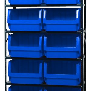 The Quantum Magnum Bin Steel Shelving unit (42W x 18D x 75H) includes six corrosion-resistant shelves and ten blue QMS543 bins (19-3/4L x 18-3/8W x 11-7/8H). This USA-made unit is ideal for organizing and storing in industrial or warehouse settings.
