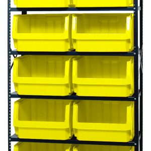 Presenting the Quantum Magnum Bin Steel Shelving: a sturdy 42W x 18D x 75H black frame unit with six shelves and ten vibrant yellow QMS543 bins. Each bin features an open top design for easy access. Corrosion and rust-resistant, this USA-made shelving keeps your space organized efficiently.
