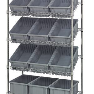 The Quantum Bin Systems Unit is a mobile, chrome-plated storage solution with 36L x 18W x 69H dimensions. It includes (4) posts, two flat and three slanted wire shelves, twelve gray bins (16-1/2L x 10-7/8W x 6H), and four swivel casters for easy transport. Ideal for dry storage applications.