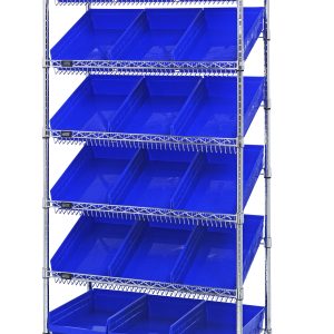 The Quantum Bin Systems Unit is a mobile shelving solution with two flat wire and five slanted wire shelves, featuring 18 blue bins for efficient organization. It measures 36L x 18W x 80H and has four swivel polyurethane casters, making it easy to transport. Ideal for dry storage applications.