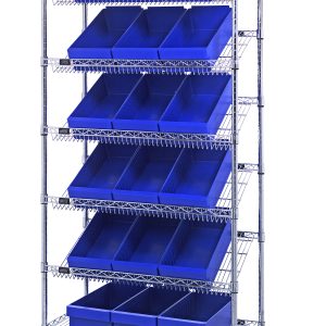 The Quantum Bin Systems Unit, mobile at 36L x 18W x 80H, includes 4 posts, 2 flat wire shelves, and 5 slanted wire shelves. It features chrome plating with (18) blue bins and (4) swivel polyurethane casters for dry storage applications.