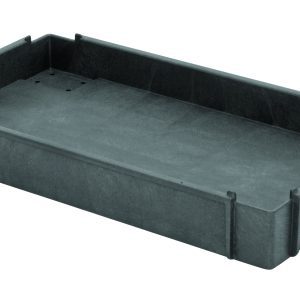 A gray Quantum Shelf, 36W x 18D, designed for PC3518-33-3, features a black rectangular plastic tray with raised edges and two small holes on one side.