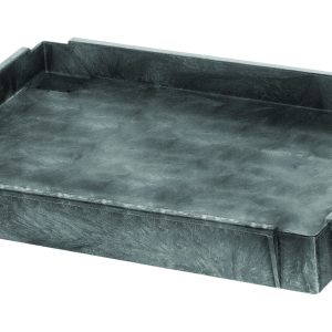 The Quantum Shelf, designed to complement models PC4026-33 and PC4026-33-3, is a gray plastic piece with raised edges and a marbled texture. Measuring 40W x 26D, it features notched corners, enhancing any shelf display. Displayed empty on a white background, it ships KD.