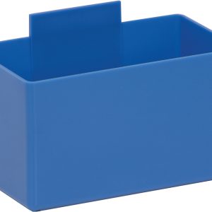 The Quantum Bin Cup is a blue, rectangular plastic container, 5-1/8L x 2-3/4W x 3H, with smooth sides and a flat back extension for hanging. Made in the USA, it features an open top and simple design for efficient space organization.