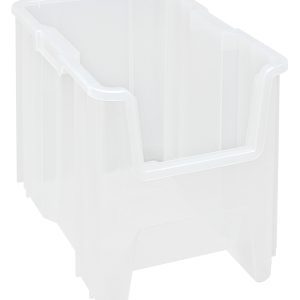 The Quantum Container is made from injection molded high-density polypropylene and is stackable with reinforced sides. It features a clear design with an open front and six 1/4 drill holes on the bottom for drainage and air circulation, making it ideal for organizing items.