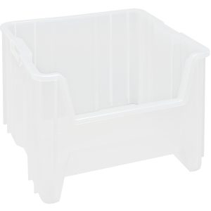The Quantum Container is a clear, square storage bin made in the USA from injection-molded high-density polypropylene, measuring 17-1/2 x 16-1/2 x 12-1/2, with reinforced sides, an open front, and a six 1/4 drill hole pattern for drainage. It sits empty against a plain white background.