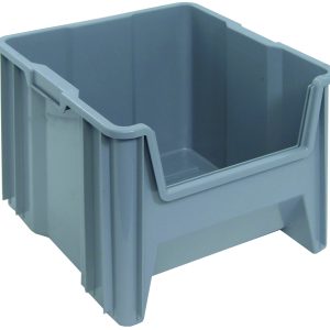 The Quantum Container, measuring 17-1/2 x 16-1/2 x 12-1/2, is a gray injection-molded high-density polypropylene storage bin with an open front and solid sides. It features a six 1/4 drill hole pattern on the bottom for drainage and air circulation, designed for stacking. Made in the USA.
