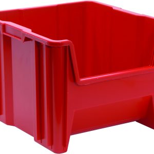 The Quantum Container is a red injection-molded high-density polypropylene storage bin with an open front and raised sides, ideal for organizing. It measures 17-1/2 x 16-1/2 x 12-1/2, features a smooth, stackable design, and has six 1/4 holes on the bottom for easy drainage and air circulation. Made in the USA.