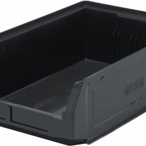 The Quantum Magnum Bin, made of high-density polypropylene and measuring 19-3/4L x 12-3/8W x 5-7/8H, is shown angled to highlight its rectangular shape and open top. It has a 150 lbs. stack capacity and is resistant to corrosion, rust, and rot—perfect for efficient item organization or storage.