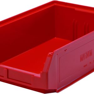 The Quantum Magnum Bin, measuring 19-3/4L x 12-3/8W x 5-7/8H, is a red, open-topped storage solution made from high-density polypropylene. It resists corrosion and solvents and supports up to 150 lbs.