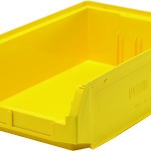 The Quantum Magnum Bin is a durable yellow plastic storage container with high sides, measuring 19-3/4 L x 12-3/8 W x 5-7/8 H. It has a 150 lbs. stack capacity and is resistant to solvents, corrosion, rust, and rot. The bin displays MAGNUM on the front and stands ready for rugged use.