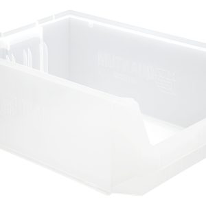 Introducing the Quantum Magnum Bin: a clear, transparent storage solution made of high-density polypropylene, resistant to corrosion and solvents. With dimensions of 19-3/4L x 12-3/8W x 5-7/8H, it has a stack capacity of 150 lbs. A lowered front makes access easy and subtle branding adorns its side. Made in USA.