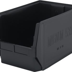 The Quantum Magnum Bin is a black plastic storage solution with a 150 lbs. stack capacity. Measuring 19-3/4L x 12-3/8W x 11-7/8H, its made in the USA from high-density polypropylene and is resistant to most solvents, corrosion, rust, and rot.