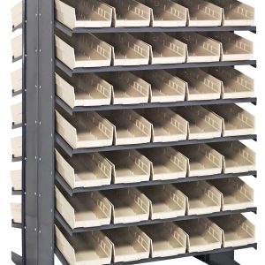 The Quantum Pick Rack is sloped, double-sided, and features a 36L x 36W x 60H design. It includes 80 open-front ivory bins on its 16 shelves for easy access and supports up to an impressive 800 lbs.
