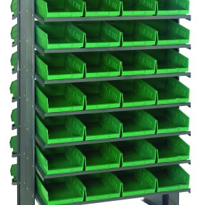 The Quantum Pick Rack is a freestanding, double-sided metal storage unit measuring 24L x 36W x 60H. It features 16 sloped shelves supporting up to 800 lbs and includes 64 green QSB107 bins for organizing small parts or tools, with efficient access from both sides thanks to its dark gray frame.