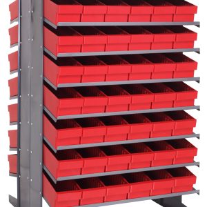 The Quantum Pick Rack is a freestanding, double-sided shelving unit with a sturdy frame and an 800 lbs. capacity, featuring 16 shelves and 96 QED602 red bins. Measuring 36L x 36W x 60H, it offers organized storage with open-fronted bins in a neat grid pattern.