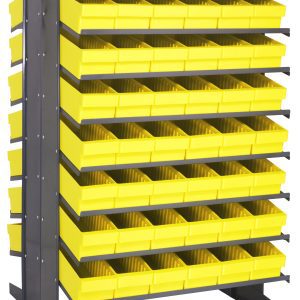 The Quantum Pick Rack is a double-sided, sloped organizer measuring 36L x 36W x 60H with metal supports. It holds 96 small yellow QED602 bins arranged in columns on 16 shelves, offering easy access for organizing small parts up to an 800 lbs. capacity.