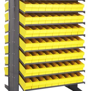 The Quantum Pick Rack is a large, gray metal shelving unit with a sloped, double-sided design measuring 36L x 36W x 60H. It features a sturdy base, holds up to 800 lbs., and includes (16) shelves with (144) bright yellow QED604 bins for efficient storage and organization.