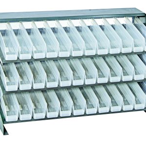 The Quantum Pick Rack is a bench-style metal storage rack with a 250 lbs. capacity, featuring three shelves (12-1/2L x 36W x 23H) and includes 36 Qsb100 clear bins that tilt forward for easy access through open tops.