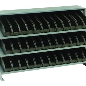 The Quantum Pick Rack is a compact, gray metal storage solution with a bench-style design featuring three sloped shelves and 36 QSB100 black bins for organizing files. It measures 12-1/2L x 36W x 23H and has a sturdy capacity of 250 lbs, making document access easy.
