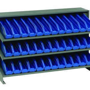 The Quantum Pick Rack features a sloped, bench-style design with three shelves and holds 36 QSB100 blue bins in a neat grid. It measures 12-1/2L x 36W x 23H, offering easy top access for tidy storage of up to 250 lbs.