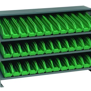 The Quantum Pick Rack is a bench-style, sloped unit measuring 12-1/2L x 36W x 23H with three shelves. It includes 36 uniform QSB100 green bins arranged with an open bottom and forward tilt for easy access, and it has a weight capacity of 250 lbs supported by two sturdy side panels.