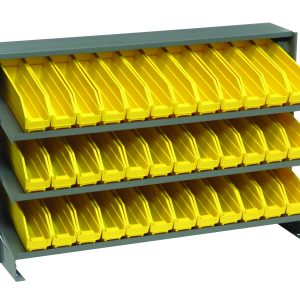 The Quantum Pick Rack, a bench-style unit with a gray frame, features three shelves and includes 36 uniform yellow bins. It measures 12-1/2L x 36W x 23H and efficiently organizes items with its meticulously arranged rows of plastic bins.