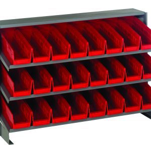 The Quantum Pick Rack features a bench-style sloped design with three shelves, each holding up to 250 lbs. It includes 24 Qsb101 red bins for easy organization of small parts or tools, offering effortless retrieval from each shelf. Dimensions: 12-1/2L x 36W x 23H.