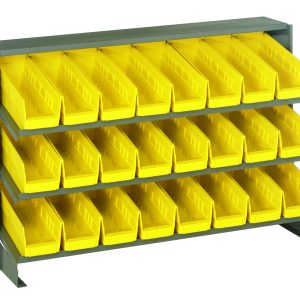 The Quantum Pick Rack is a sloped, bench-style organizer with a 12-1/2L x 36W x 23H frame and (3) shelves, holding up to 250 lbs. It includes (24) Qsb101 yellow bins open at the front, perfect for organizing small items with its sturdy, industrial design.