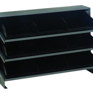 The Quantum Pick Rack is a lightweight, free-standing, bench-style rack with three sloped shelves, measuring 12-1/2L x 36W x 23H. It includes nine Qsb109 black bins angled forward for easy access and can hold up to 250 lbs, ideal for organizing small items.