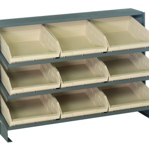The Quantum Pick Rack, a bench-style unit measuring 12-1/2L x 36W x 23H, supports up to 250 lbs. It features a sloped (3) shelves configuration with (9) open-topped ivory Qsb109 bins for easy access and efficient storage or organization of small items.