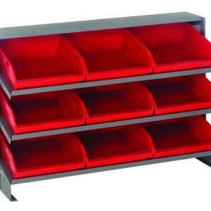 The Quantum Pick Rack, measuring 12-1/2L x 36W x 23H, is bench style with a sloped design featuring three shelves that hold nine Qsb109 red bins. Each open-front bin tilts slightly forward for efficient organization of small parts or tools.