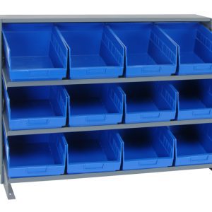The Quantum Pick Rack, a sloped bench-style unit measuring 12-1/2L x 36W x 26-1/2H, features a 250 lbs. capacity with (3) shelf configurations and includes (12) QSB207 blue bins, perfect for organizing small items efficiently.