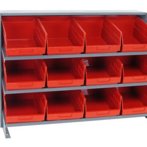 The Quantum Pick Rack is a durable gray metal shelving unit with a 250 lbs. capacity and (3) shelves configuration that holds twelve red Qsb207 bins, perfectly organized in three rows for your needs.