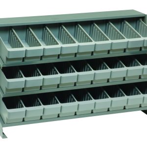 The Quantum Pick Rack is a sloped bench style with 3 shelves, measuring 12-1/2L x 36W x 23H, supporting up to 250 lbs. It includes 27 QED501 gray bins for efficient sorting and storage of small items.